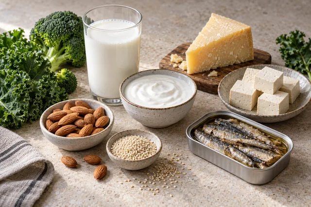 Lapte, iaurt, parmezan, tofu, sardine, migdale, susan, kale și broccoli
