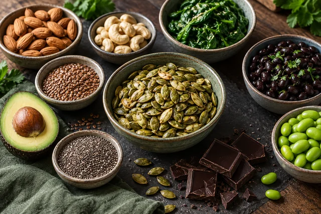 Miez de dovleac, chia, in, migdale, caju, spanac, fasole, edamame și ciocolată neagră