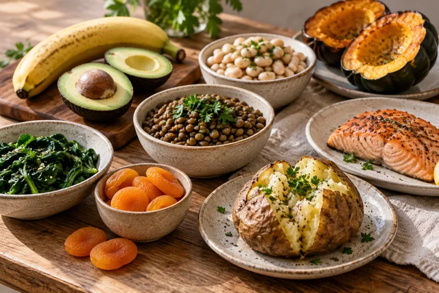 Cartof copt, linte, fasole, avocado, banane, caise uscate, spanac, somon și dovleac