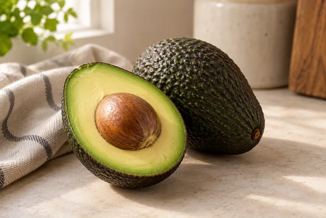 Avocado tăiat în jumătăți, cu sâmburele vizibil