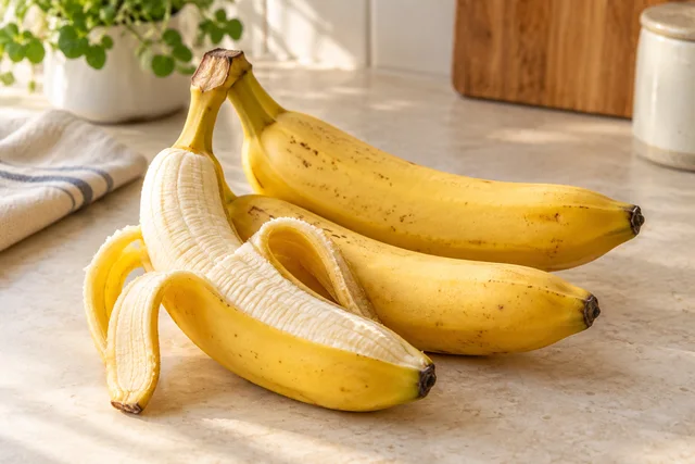 Banane coapte, una parțial decojită