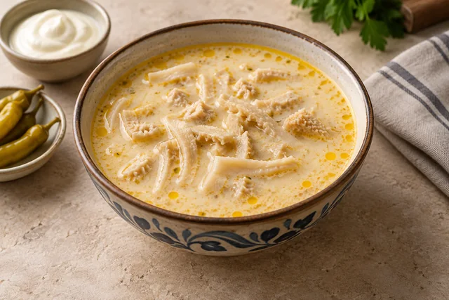 Ciorbă de burtă cu fâșii de burtă și zeamă cremoasă
