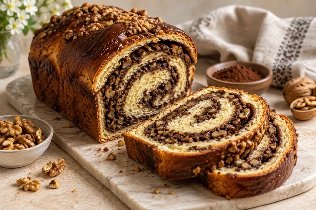 Cozonac feliat, cu umplutură de nucă și cacao