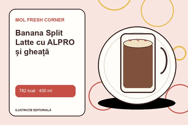 Banana Split Latte cu ALPRO și gheață de la MOL Fresh Corner — ilustrație editorială unică