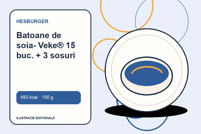 Batoane de soia- Veke® 15 buc. + 3 sosuri de la Hesburger — ilustrație editorială unică