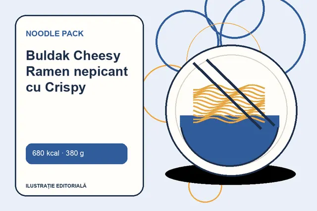 Buldak Cheesy Ramen nepicant cu Crispy de la Noodle Pack — ilustrație editorială unică