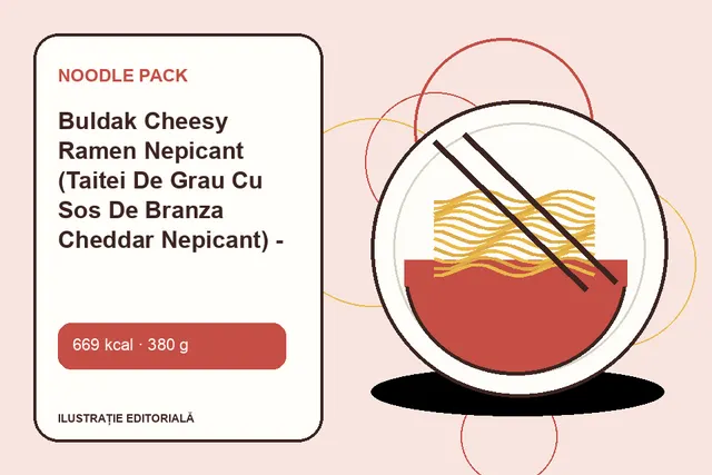 Buldak Cheesy Ramen Nepicant (Taitei De Grau Cu Sos De Branza Cheddar Nepicant) - Bbq Crispy de la Noodle Pack — ilustrație editorială unică