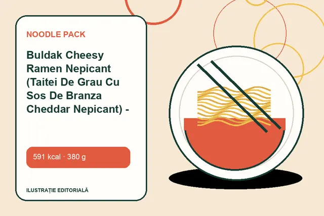 Buldak Cheesy Ramen Nepicant (Taitei De Grau Cu Sos De Branza Cheddar Nepicant) - Vita de la Noodle Pack — ilustrație editorială unică