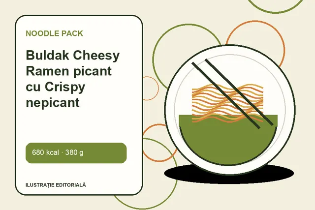 Buldak Cheesy Ramen picant cu Crispy nepicant de la Noodle Pack — ilustrație editorială unică