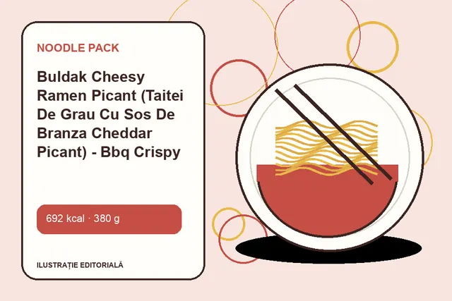 Buldak Cheesy Ramen Picant (Taitei De Grau Cu Sos De Branza Cheddar Picant) - Bbq Crispy de la Noodle Pack — ilustrație editorială unică