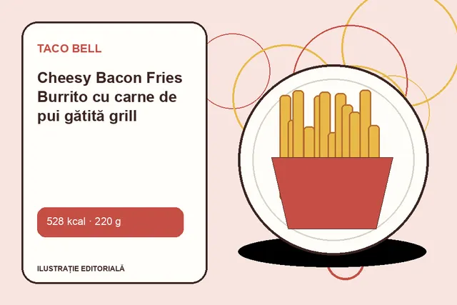 Cheesy Bacon Fries Burrito cu carne de pui gătită grill de la Taco Bell — ilustrație editorială unică