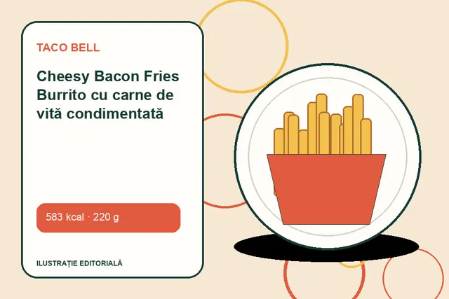 Cheesy Bacon Fries Burrito cu carne de vită condimentată de la Taco Bell — ilustrație editorială unică
