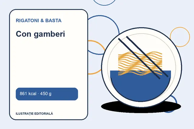 Con gamberi de la Rigatoni & Basta — ilustrație editorială unică
