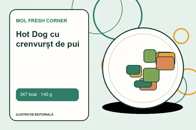 Hot Dog cu crenvurșt de pui de la MOL Fresh Corner — ilustrație editorială unică