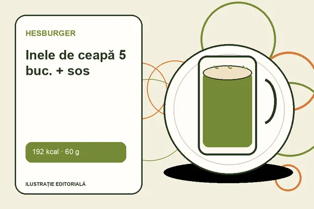 Inele de ceapă 5 buc. + sos de la Hesburger — ilustrație editorială unică