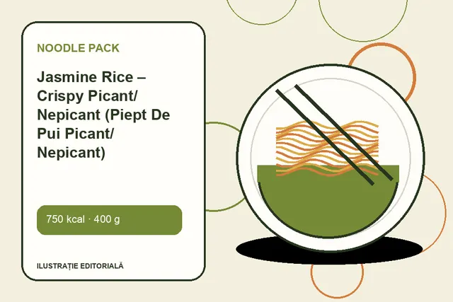 Jasmine Rice – Crispy Picant/ Nepicant (Piept De Pui Picant/ Nepicant) de la Noodle Pack — ilustrație editorială unică