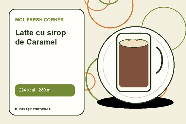 Latte cu sirop de Caramel de la MOL Fresh Corner — ilustrație editorială unică