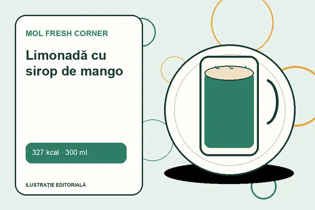 Limonadă cu sirop de mango de la MOL Fresh Corner — ilustrație editorială unică