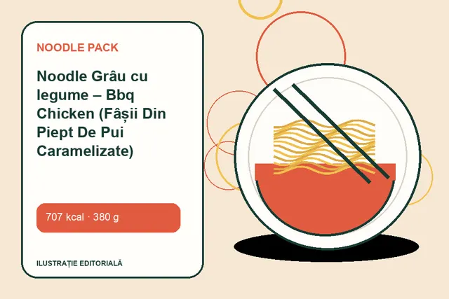 Noodle Grâu cu legume – Bbq Chicken (Fâșii Din Piept De Pui Caramelizate) de la Noodle Pack — ilustrație editorială unică