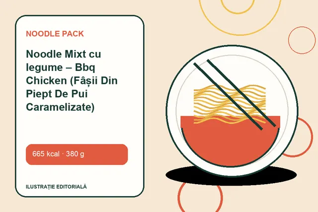 Noodle Mixt cu legume – Bbq Chicken (Fâșii Din Piept De Pui Caramelizate) de la Noodle Pack — ilustrație editorială unică