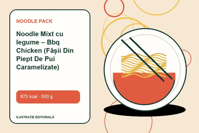Noodle Mixt cu legume – Bbq Chicken (Fâșii Din Piept De Pui Caramelizate) de la Noodle Pack — ilustrație editorială unică