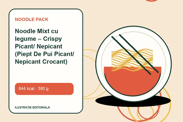 Noodle Mixt cu legume – Crispy Picant/ Nepicant (Piept De Pui Picant/ Nepicant Crocant) de la Noodle Pack — ilustrație editorială unică