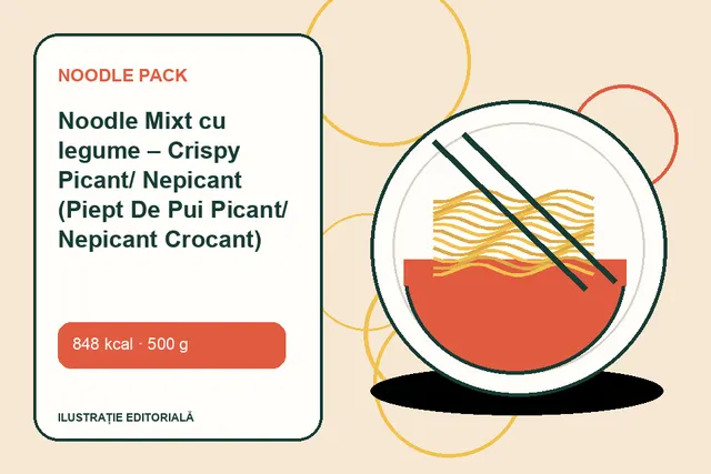 Noodle Mixt cu legume – Crispy Picant/ Nepicant (Piept De Pui Picant/ Nepicant Crocant) de la Noodle Pack — ilustrație editorială unică