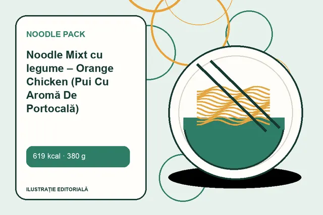 Noodle Mixt cu legume – Orange Chicken (Pui Cu Aromă De Portocală) de la Noodle Pack — ilustrație editorială unică