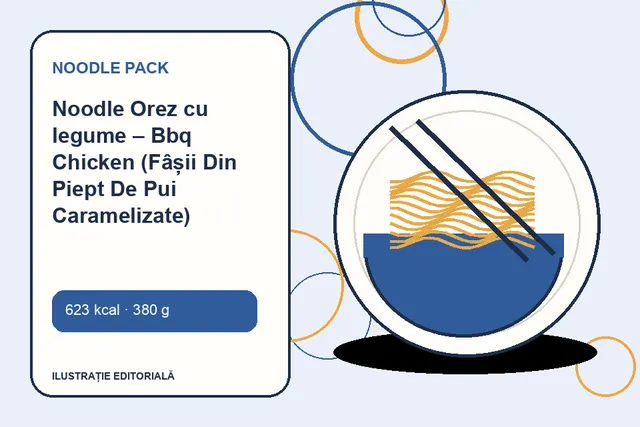 Noodle Orez cu legume – Bbq Chicken (Fâșii Din Piept De Pui Caramelizate) de la Noodle Pack — ilustrație editorială unică