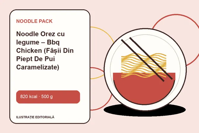 Noodle Orez cu legume – Bbq Chicken (Fâșii Din Piept De Pui Caramelizate) de la Noodle Pack — ilustrație editorială unică