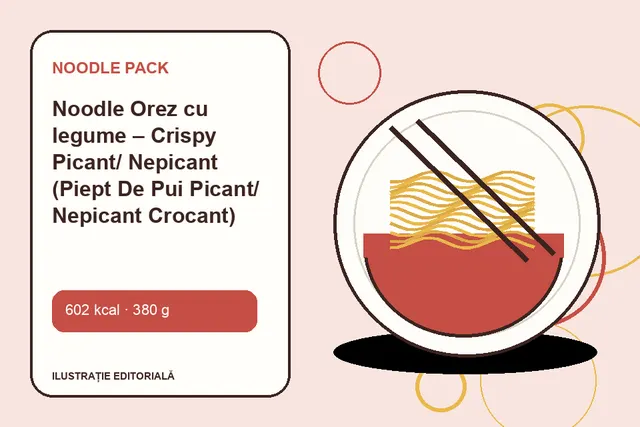 Noodle Orez cu legume – Crispy Picant/ Nepicant (Piept De Pui Picant/ Nepicant Crocant) de la Noodle Pack — ilustrație editorială unică