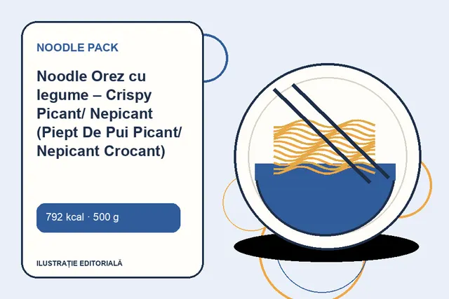 Noodle Orez cu legume – Crispy Picant/ Nepicant (Piept De Pui Picant/ Nepicant Crocant) de la Noodle Pack — ilustrație editorială unică