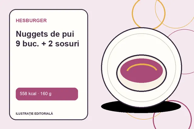 Nuggets de pui 9 buc. + 2 sosuri de la Hesburger — ilustrație editorială unică