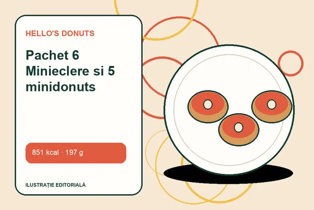 Pachet 6 Minieclere si 5 minidonuts de la Hello's Donuts — ilustrație editorială unică