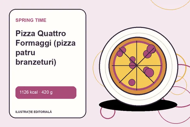 Pizza Quattro Formaggi (pizza patru branzeturi) de la Spring Time — ilustrație editorială unică