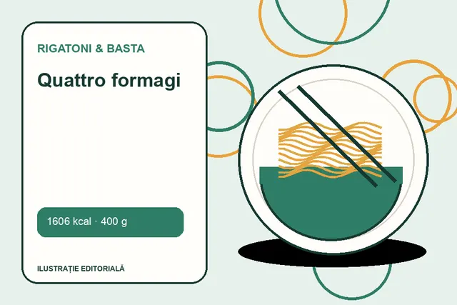 Quattro formagi de la Rigatoni & Basta — ilustrație editorială unică