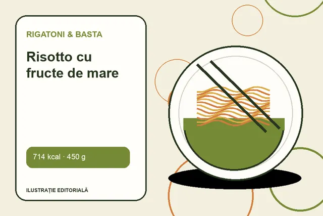 Risotto cu fructe de mare de la Rigatoni & Basta — ilustrație editorială unică
