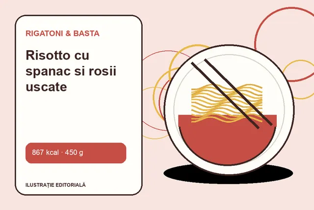 Risotto cu spanac si rosii uscate de la Rigatoni & Basta — ilustrație editorială unică
