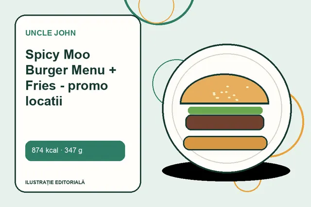 Spicy Moo Burger Menu + Fries - promo locatii de la Uncle John — ilustrație editorială unică