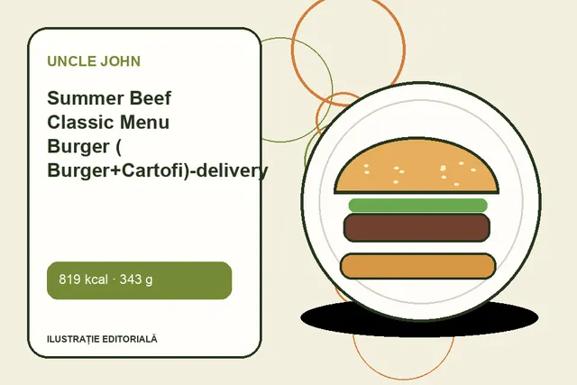 Summer Beef Classic Menu Burger ( Burger+Cartofi)-delivery de la Uncle John — ilustrație editorială unică