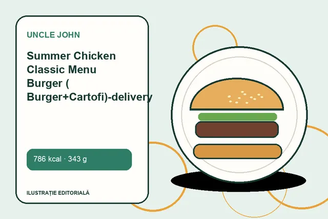 Summer Chicken Classic Menu Burger ( Burger+Cartofi)-delivery de la Uncle John — ilustrație editorială unică