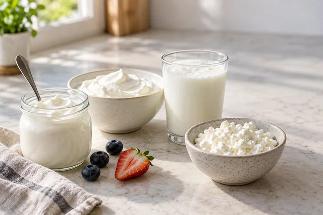 Iaurt strecurat, skyr, kefir și brânză cottage, fără ambalaje sau mărci