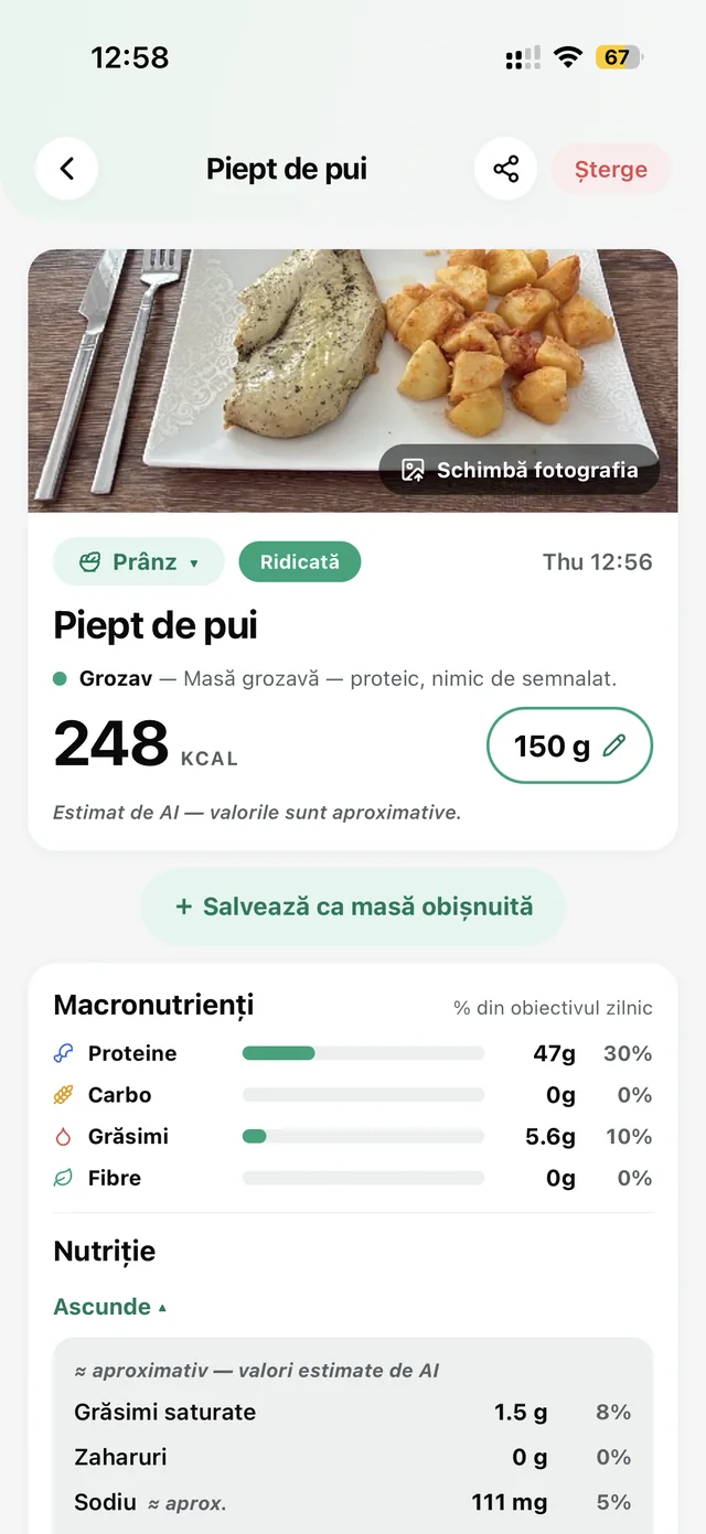 Captură reală Lento.fit: detaliile înregistrării unui piept de pui de 150 g, estimat la 248 kcal