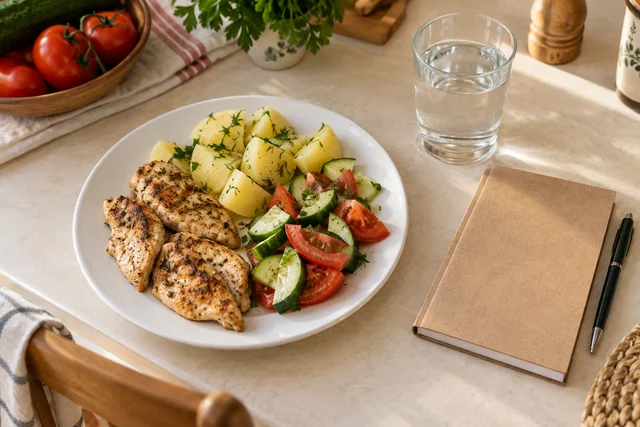 Piept de pui cu cartofi și salată, lângă un jurnal alimentar