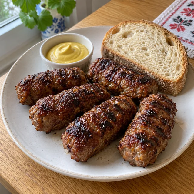 Mici la grătar, serviți cu muștar și pâine