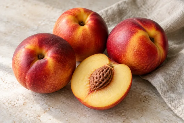 Nectarine crude întregi și o jumătate cu sâmbure, pe o masă deschisă la culoare