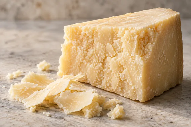 Bucată de Parmigiano Reggiano maturat și fulgi de brânză tare