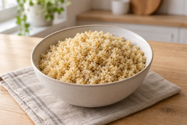 Quinoa gătită simplu într-un bol ceramic