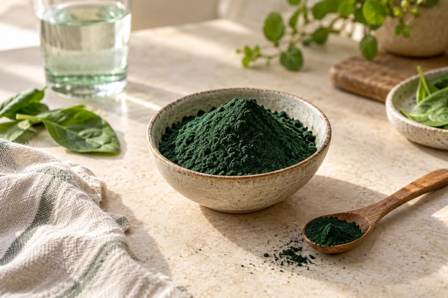 Pudră de spirulină într-un bol