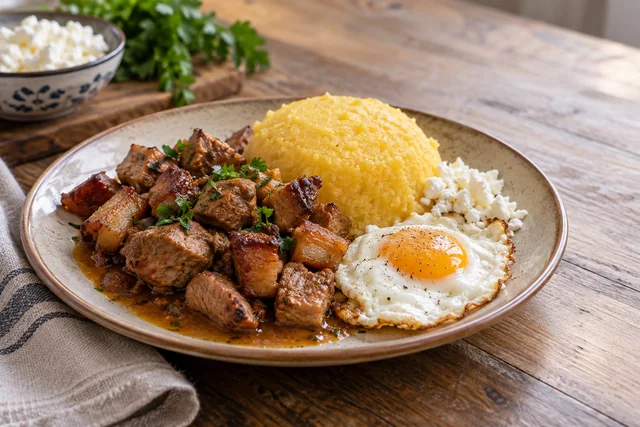 Tochitură de porc cu mămăligă, ou și brânză